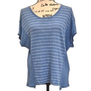 Vince Striped Linen Top S Scoop Neck Dolman Sleeves White Blue Relaxed Loose Fit